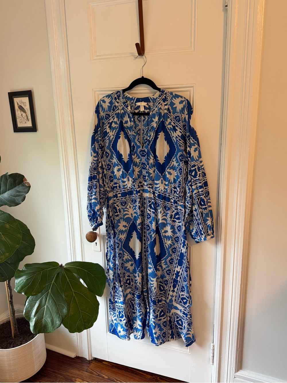 Blue and White Patterned Long Sleeve Midi Dress 100% Cotton